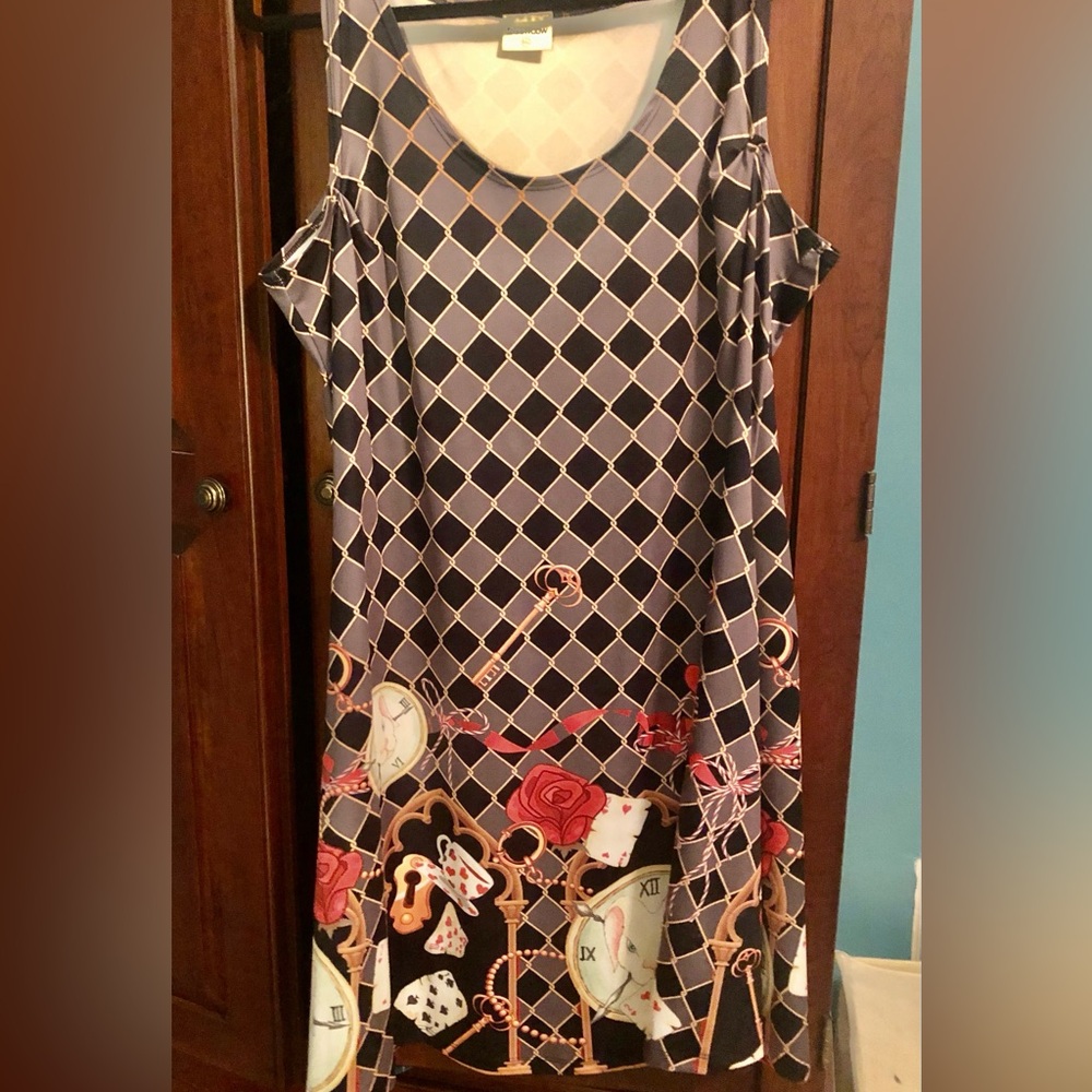 Dark Alice in Wonderland Mini Dress with Red Accent Print